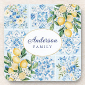 Personalized Watercolor Blue Italian Tile Lemon コースター (正面)
