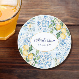 Personalized Watercolor Blue Italian Tile Lemon コースター