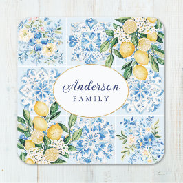 Personalized Watercolor Blue Italian Tile Lemon スクエアペーパーコースター