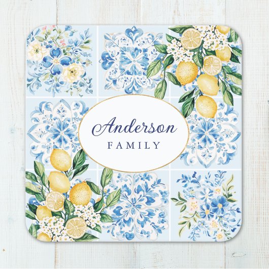 Personalized Watercolor Blue Italian Tile Lemon スクエアペーパーコースター