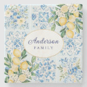 Personalized Watercolor Blue Italian Tile Lemon ストーンコースター (正面)