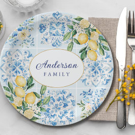 Personalized Watercolor Blue Italian Tile Lemon ペーパープレート