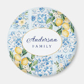 Personalized Watercolor Blue Italian Tile Lemon マグネット (正面)