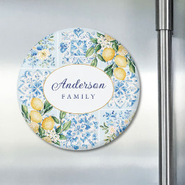 Personalized Watercolor Blue Italian Tile Lemon マグネット