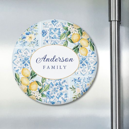 Personalized Watercolor Blue Italian Tile Lemon マグネット