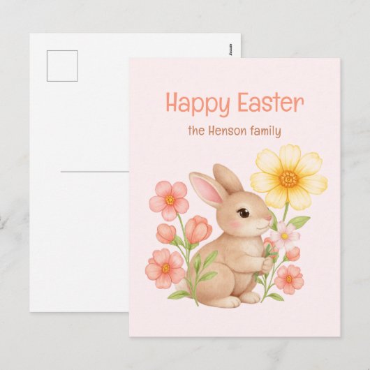 Personalized Watercolor Bunny Happy Easter  シーズンポストカード (正面/裏面)