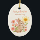 Personalized Watercolor Bunny Happy Easter セラミックオーナメント<br><div class="desc">Celebrate Easter with this adorable watercolor bunny design! Featuring a sweet bunny surrounded by pink and yellow flowers, this design brings a touch of springtime to your holiday greetings. Easily personalize it with your family name. Perfect for Easter celebrations, spring events, or simply spreading joy.</div>