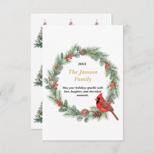 Personalized Watercolor Cardinal Christmas Wreath  出欠カード (正面/裏面)
