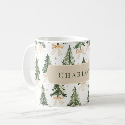 Personalized Watercolor Christmas Tree Name Mug コーヒーマグカップ (正面左)