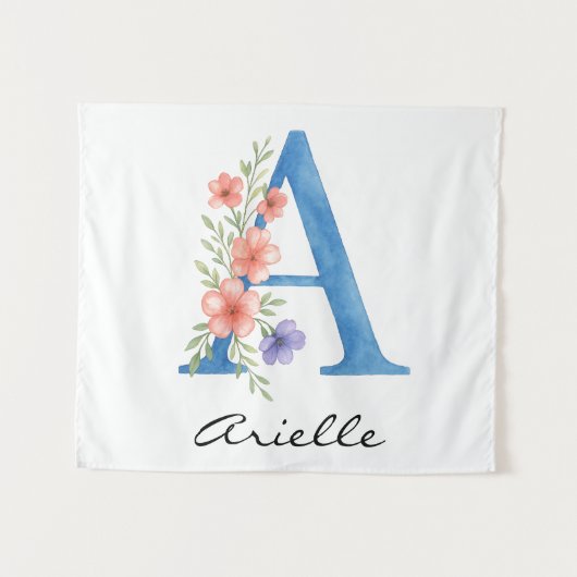 Personalized Watercolor Floral Letter A monogram タペストリー (正面(横))