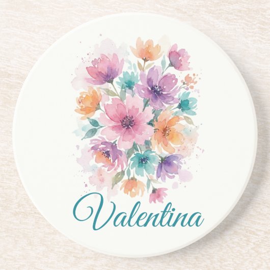 Personalized Watercolor Floral Name Coaster コースター (正面)