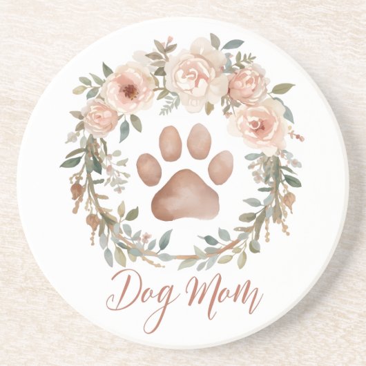 Personalized Watercolor Floral Paw Print Dog Mom コースター (正面)