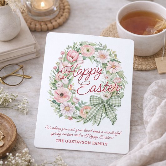 Personalized Watercolor Floral Wreath Easter Card  シーズンカード