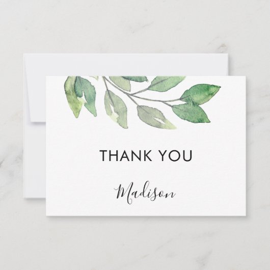 Personalized Watercolor Greenery  サンキューカード (正面)