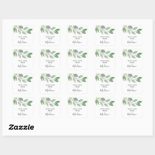Personalized Watercolor Greenery スクエアシール (シート)