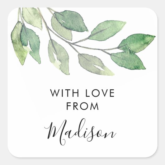 Personalized Watercolor Greenery スクエアシール (正面)