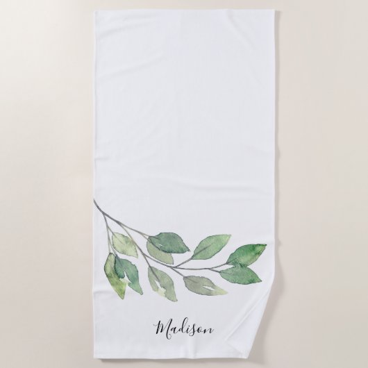 Personalized Watercolor Greenery ビーチタオル (正面)