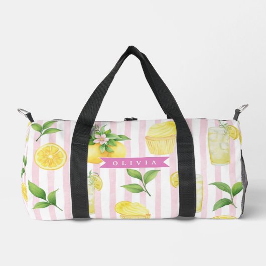 Personalized Watercolor Lemonade Cupcake Stripe ダッフルバッグ (正面)