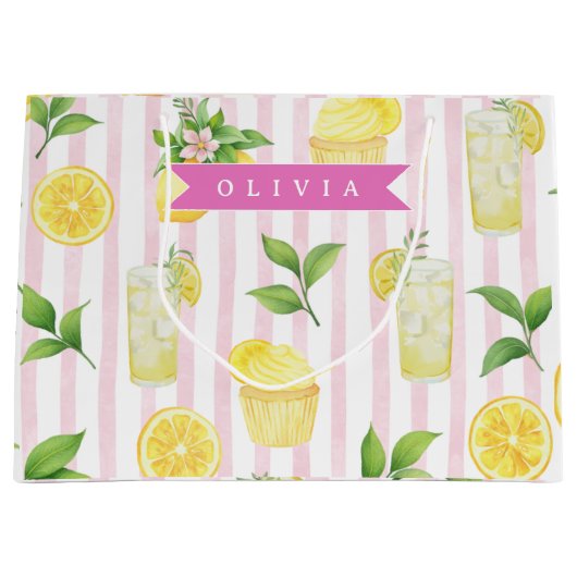 Personalized Watercolor Lemonade Cupcake Stripe ラージペーパーバッグ (正面)