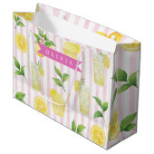Personalized Watercolor Lemonade Cupcake Stripe ラージペーパーバッグ (正面アングル)