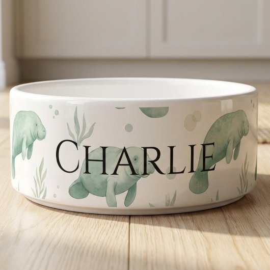 Personalized Watercolor Manatee Pet Bowl ボウル