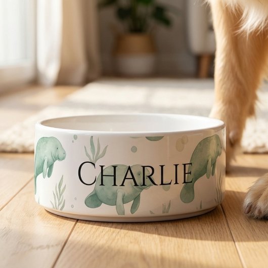 Personalized Watercolor Manatee Pet Bowl ボウル