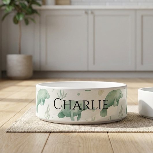 Personalized Watercolor Manatee Pet Bowl ボウル