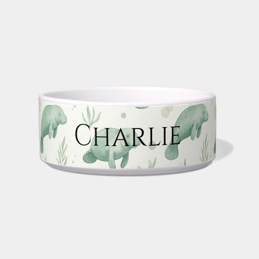 Personalized Watercolor Manatee Pet Bowl ボウル (正面)