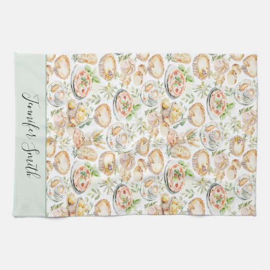 Personalized Watercolor Mediterranean Food Pattern キッチンタオル (横)