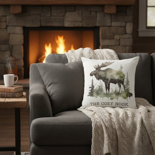 Personalized Watercolor Moose Lodge Life クッション