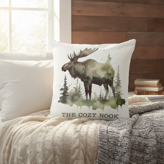 Personalized Watercolor Moose Lodge Life クッション