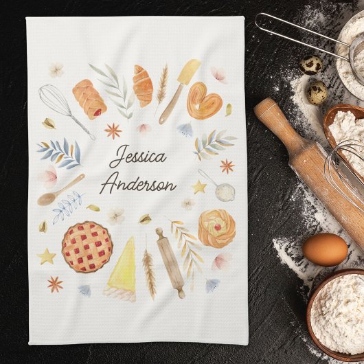 Personalized Watercolor Pastry Baking Bakery キッチンタオル