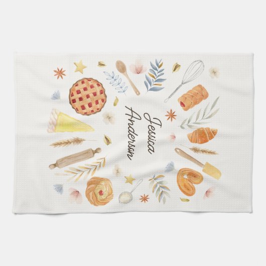 Personalized Watercolor Pastry Baking Bakery キッチンタオル (横)
