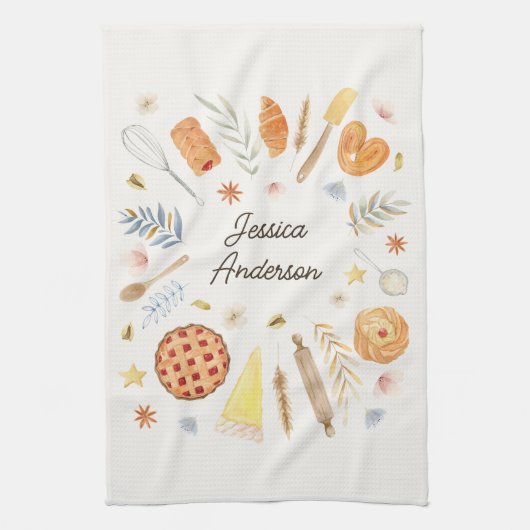 Personalized Watercolor Pastry Baking Bakery キッチンタオル (縦)