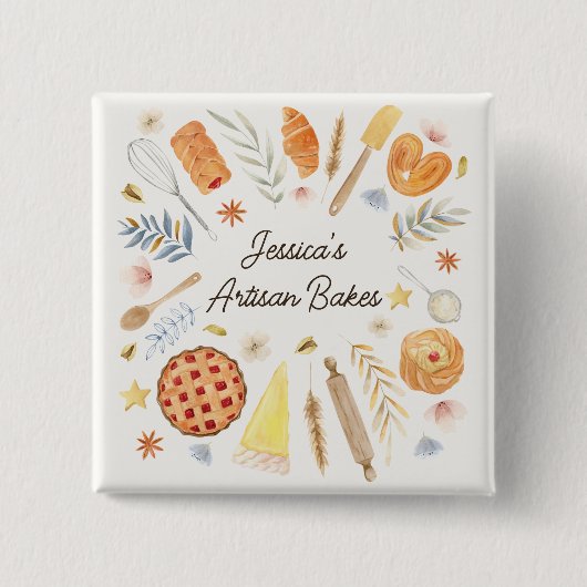 Personalized Watercolor Pastry Baking Bakery 缶バッジ (正面)