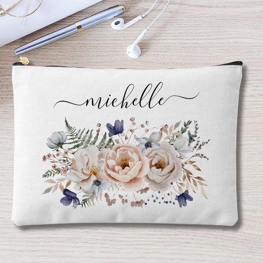 Personalized Watercolor Pretty Beige Blue Floral  アクセサリーポーチ