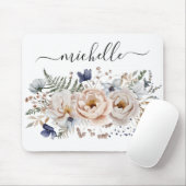 Personalized Watercolor Pretty Beige Blue Floral  マウスパッド (マウス)
