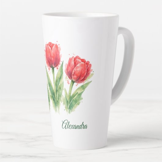 Personalized Watercolor Red Tulips  カフェラテマグ (右アングル)