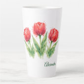 Personalized Watercolor Red Tulips カフェラテマグ (正面)