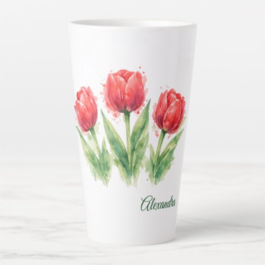 Personalized Watercolor Red Tulips  カフェラテマグ (正面)