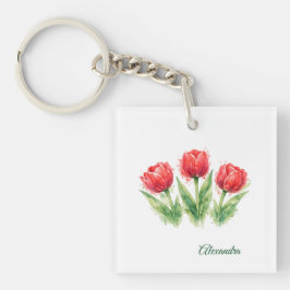 Personalized Watercolor Red Tulips キーホルダー