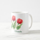 Personalized Watercolor Red Tulips  コーヒーマグカップ (正面右)