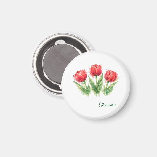 Personalized Watercolor Red Tulips マグネット (正面/裏面)