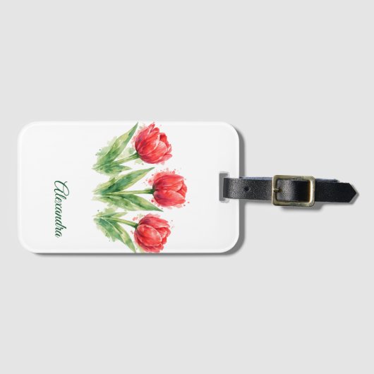 Personalized Watercolor Red Tulips ラゲッジタグ (正面横)