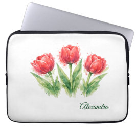 Personalized Watercolor Red Tulips  ラップトップスリーブ