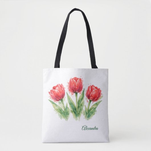 Personalized Watercolor Red Tulips Tote Bag トートバッグ (正面)