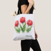 Personalized Watercolor Red Tulips Tote Bag トートバッグ (クローズアップ)