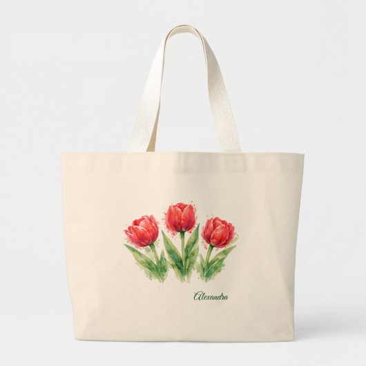 Personalized Watercolor Red Tulips Tote Bag ラージトートバッグ (正面)