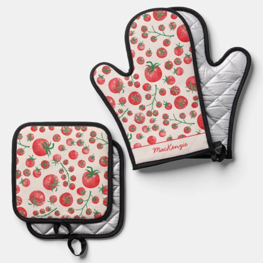 Personalized Watercolor Tomato Pattern 鍋つかみ&鍋敷きセット (正面/裏面)