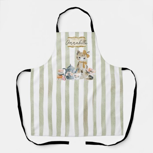 Personalized Watercolor Whimsical Cat Apron エプロン (正面)